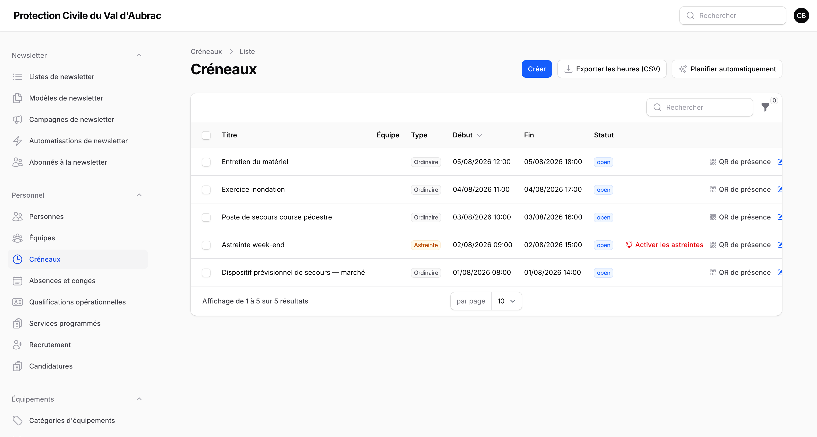 La liste des créneaux